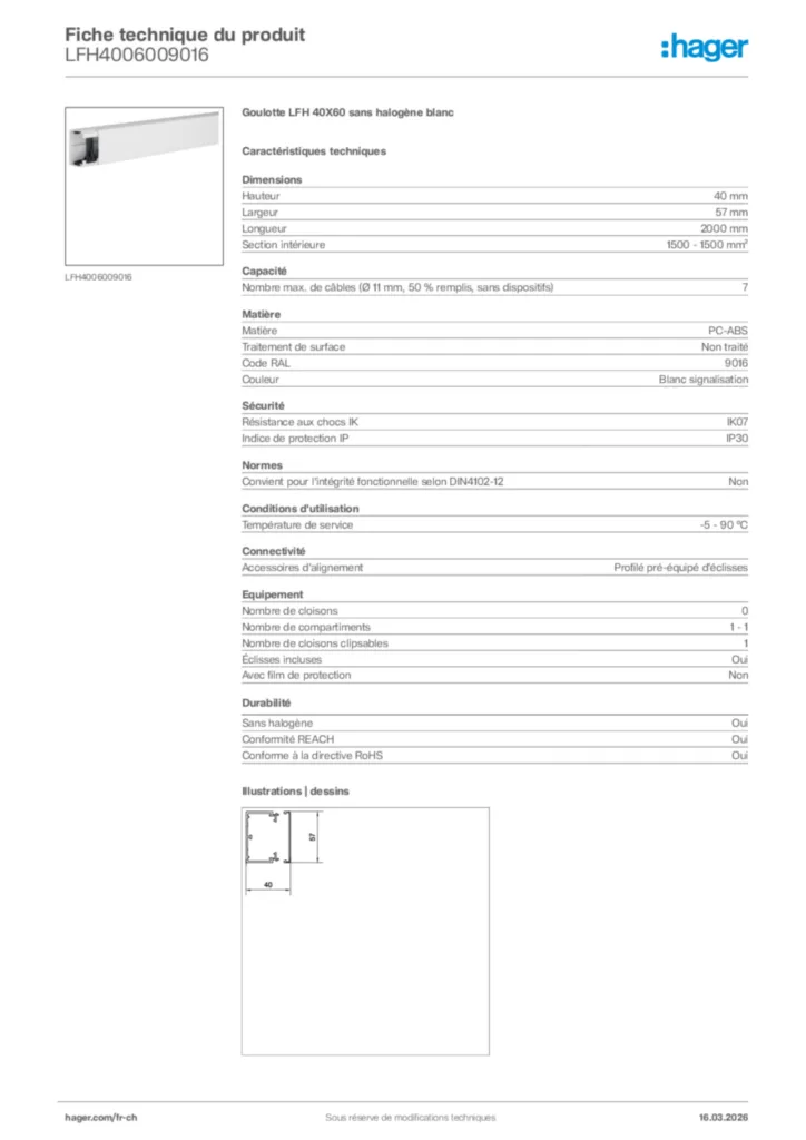 Image Hager Fiche technique du produit LFH4006009016 | Hager Suisse