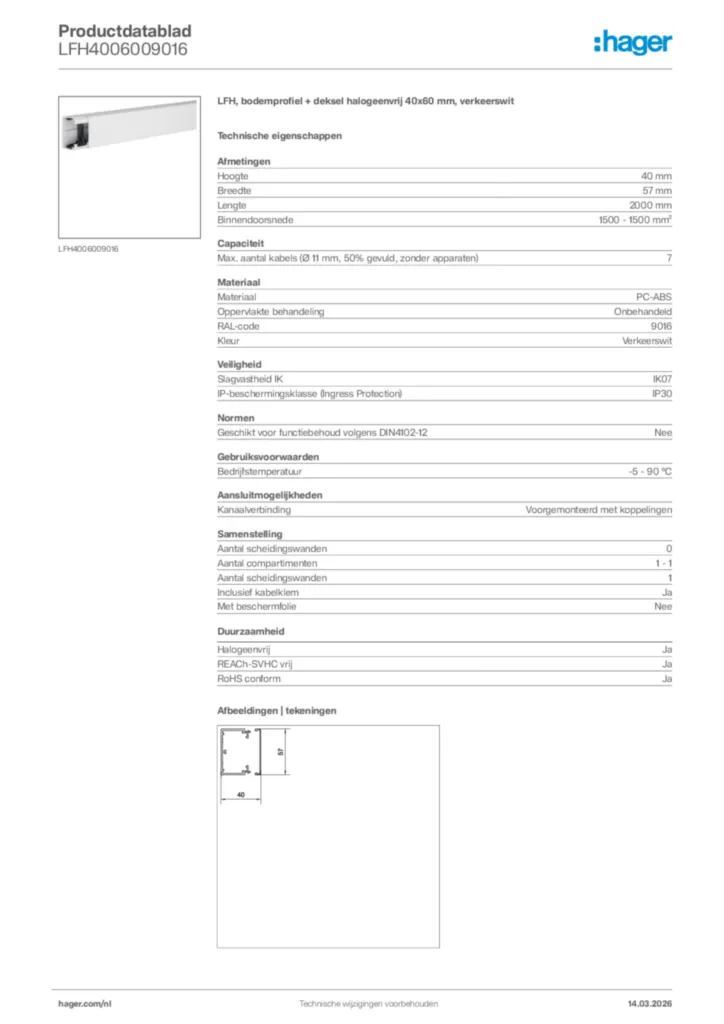 Afbeelding Hager Productdatablad LFH4006009016 | Hager Nederland