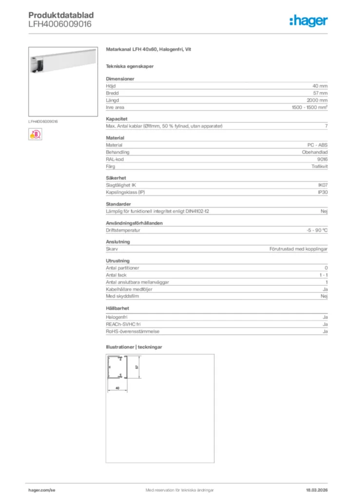 Bild Hager Produktdatablad LFH4006009016 | Hager Sverige