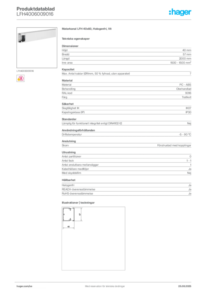 Bild Hager Produktdatablad LFH4006009016 | Hager Sverige