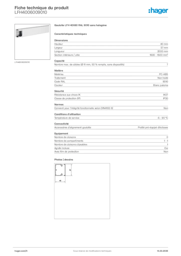 Image Hager Fiche technique du produit LFH4006009010 | Hager France