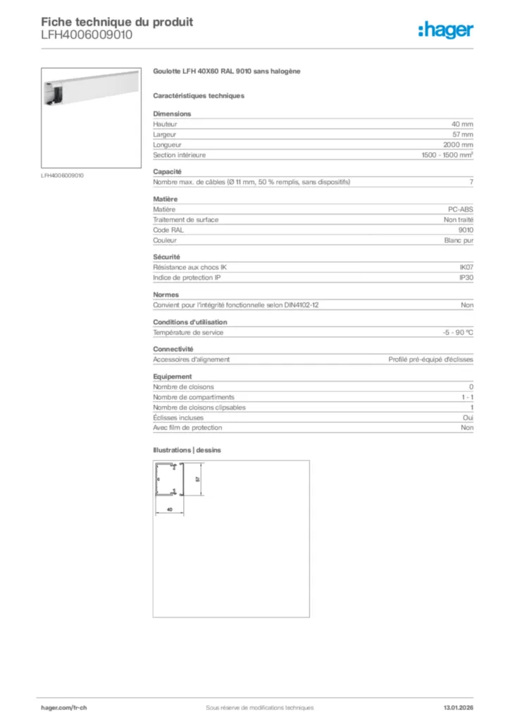 Image Hager Fiche technique du produit LFH4006009010 | Hager Suisse