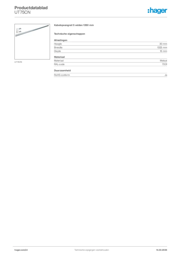 Afbeelding Hager Productdatablad UT75CN | Hager Nederland