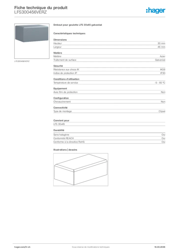 Image Hager Fiche technique du produit LFS300456VERZ | Hager Suisse