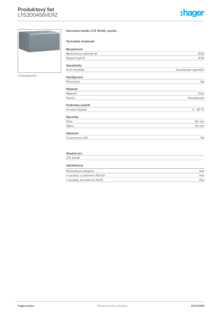 Obrázek Hager Produktový list LFS300456VERZ | Hager