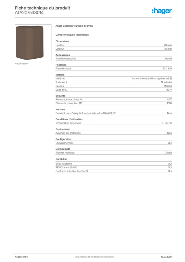 Image Hager Fiche technique du produit ATA207538014 | Hager France
