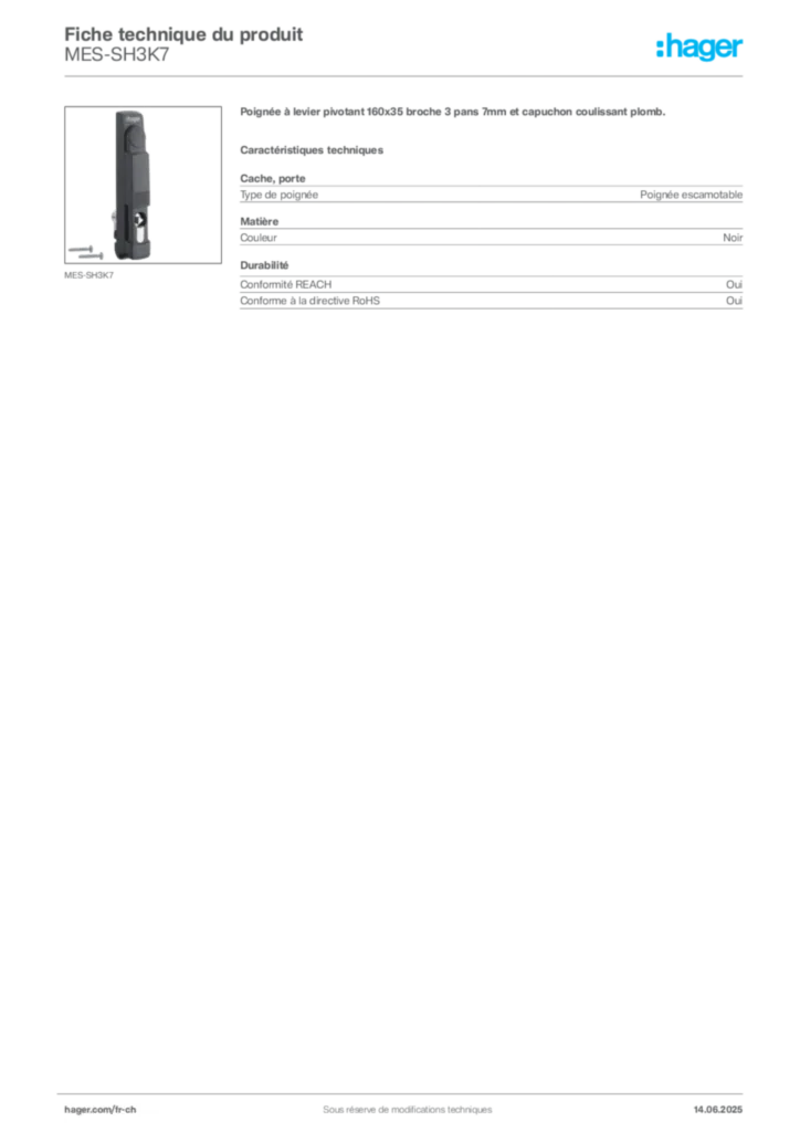 Image Hager Fiche technique du produit MES-SH3K7 | Hager Suisse