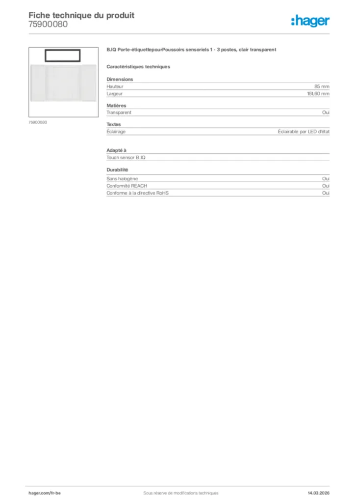 Image Hager Fiche technique du produit 75900080 | Hager Belgique