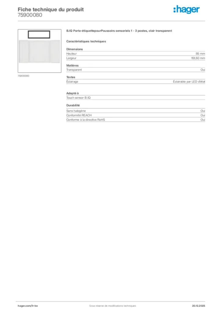 Image Hager Fiche technique du produit 75900080 | Hager Belgique