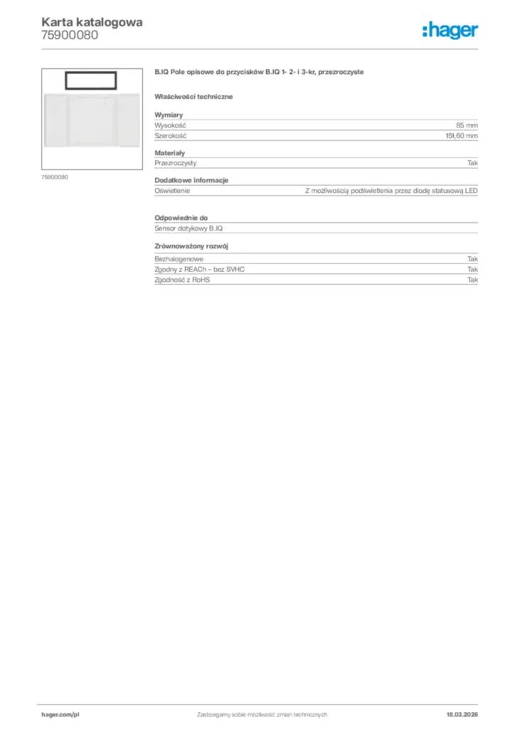 Zdjęcie Hager Karta katalogowa 75900080 | Hager Polska