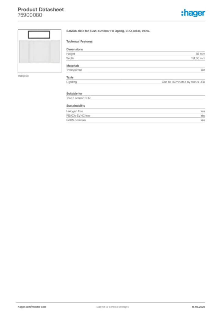 Image Hager Product data sheet 75900080  | Hager