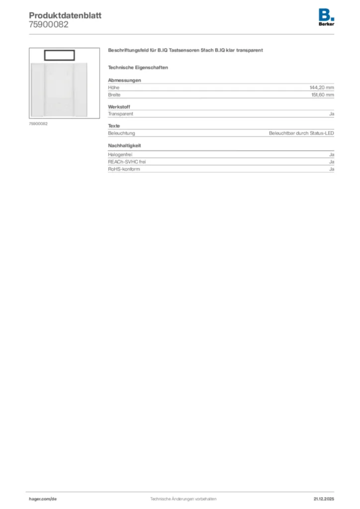 Bild Berker Produktdatenblatt 75900082 | Hager Deutschland