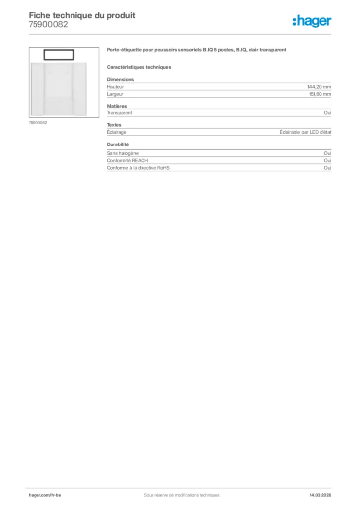 Image Hager Fiche technique du produit 75900082 | Hager Belgique