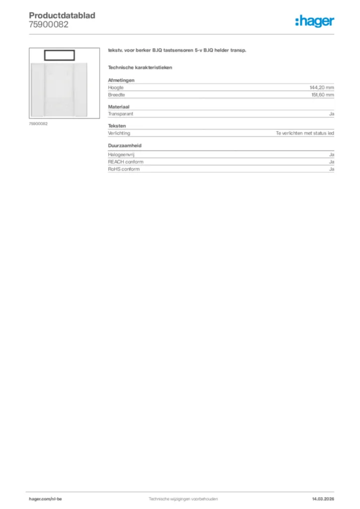 Afbeelding Hager Productdatablad 75900082 | Hager Belgium
