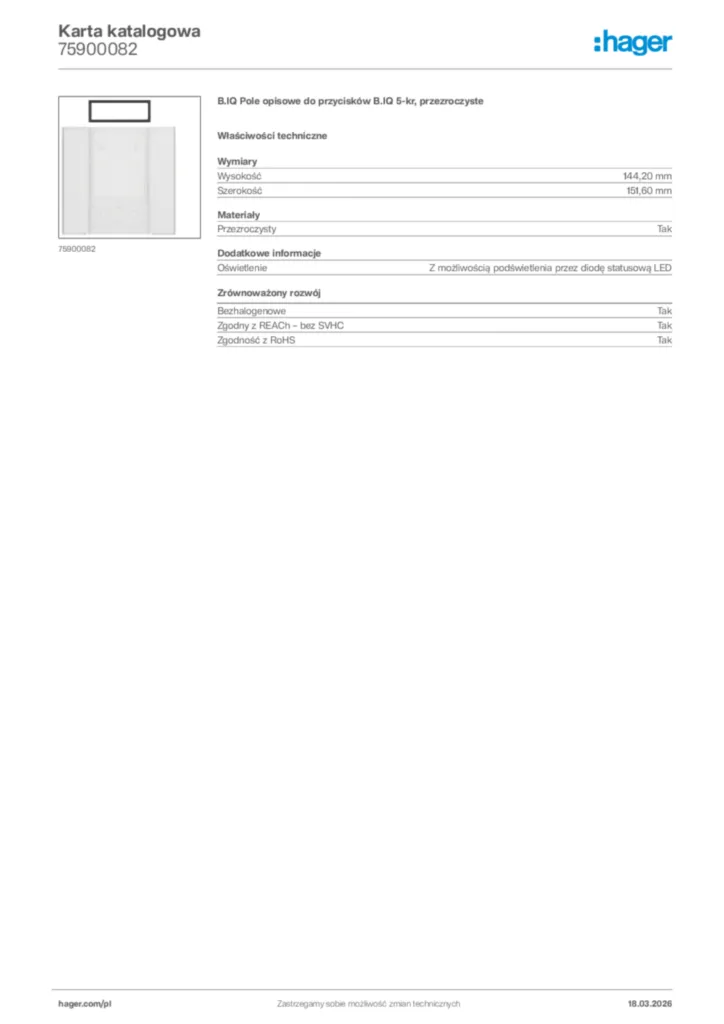 Zdjęcie Hager Karta katalogowa 75900082 | Hager Polska
