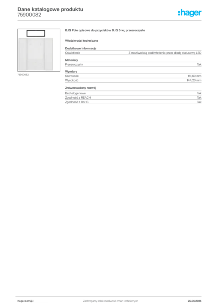 Zdjęcie Hager Dane katalogowe produktu 75900082 | Hager Polska
