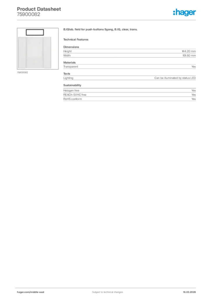 Image Hager Product data sheet 75900082  | Hager