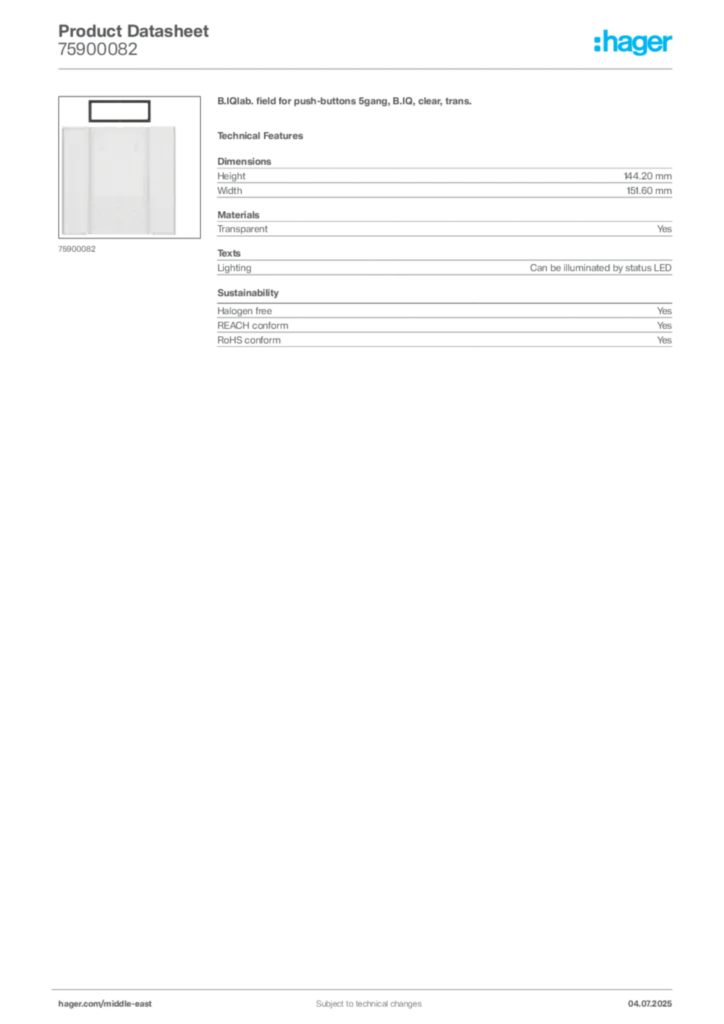 Image Hager Product data sheet 75900082  | Hager