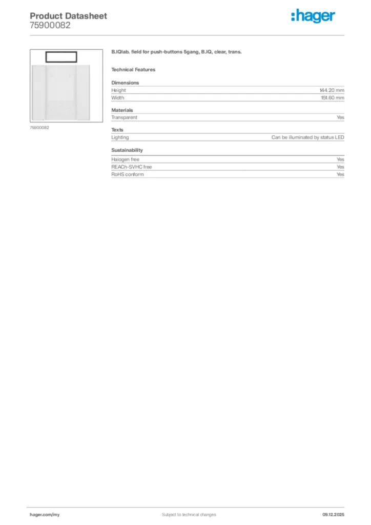 Image Hager Product data sheet 75900082  | Hager