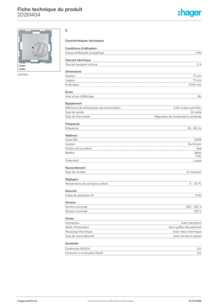 Image Hager Fiche technique du produit 20261404 | Hager Belgique