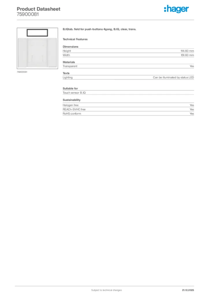 Image Hager Product data sheet 75900081  | Hager Africa