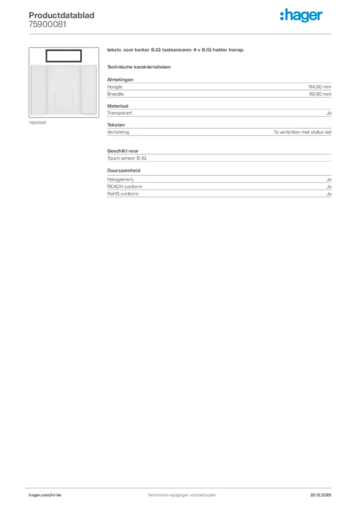 Afbeelding Hager Productdatablad 75900081 | Hager Belgium