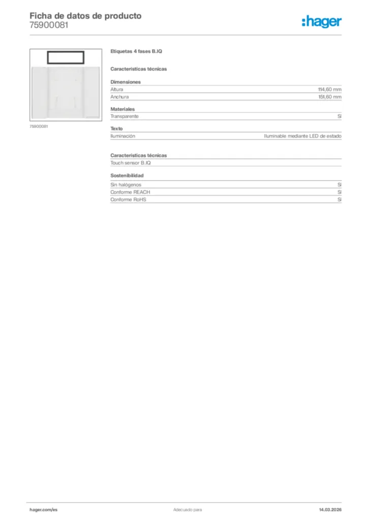 Imagen Hager Ficha de datos de producto 75900081 | Hager España