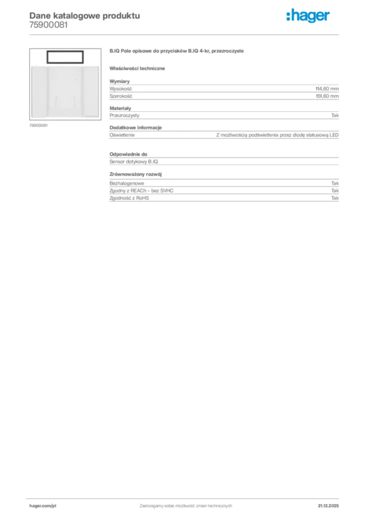 Zdjęcie Hager Dane katalogowe produktu 75900081 | Hager Polska