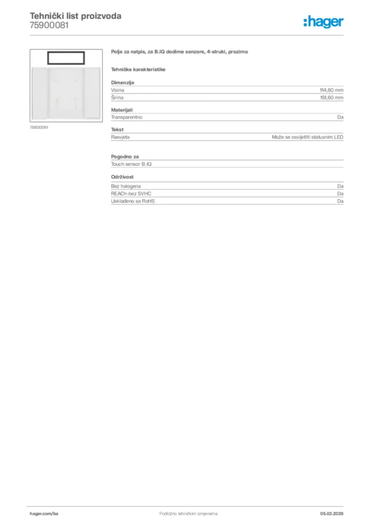Slika Hager Tehnički list proizvoda 75900081  | Hager
