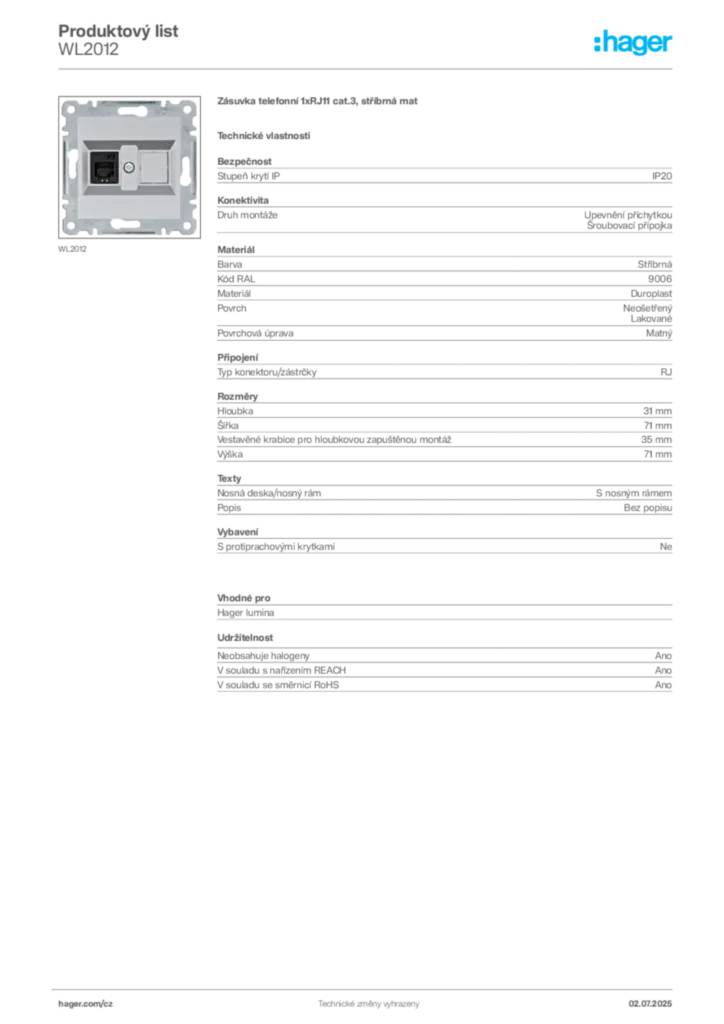 Obrázek Hager Produktový list WL2012 | Hager