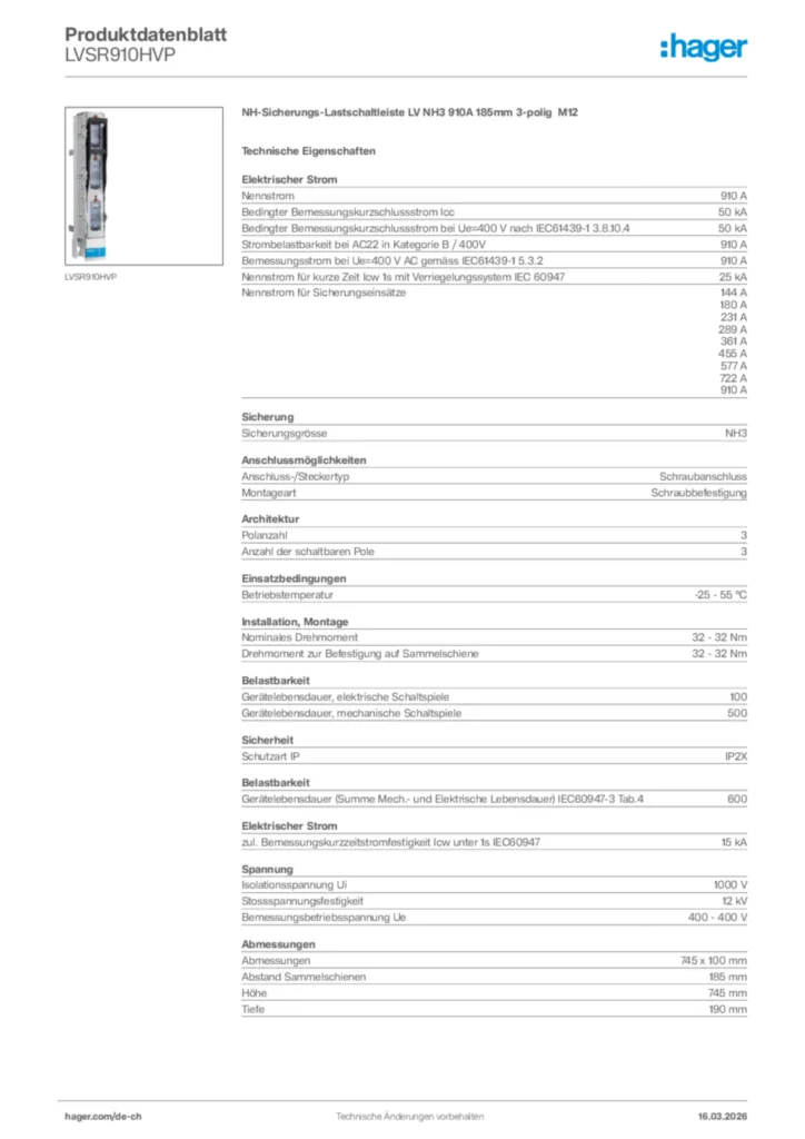 Bild Hager Produktdatenblatt LVSR910HVP | Hager Schweiz