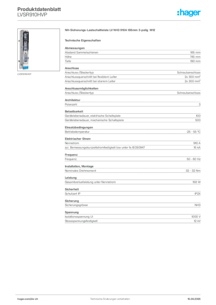 Bild Hager Produktdatenblatt LVSR910HVP | Hager Schweiz