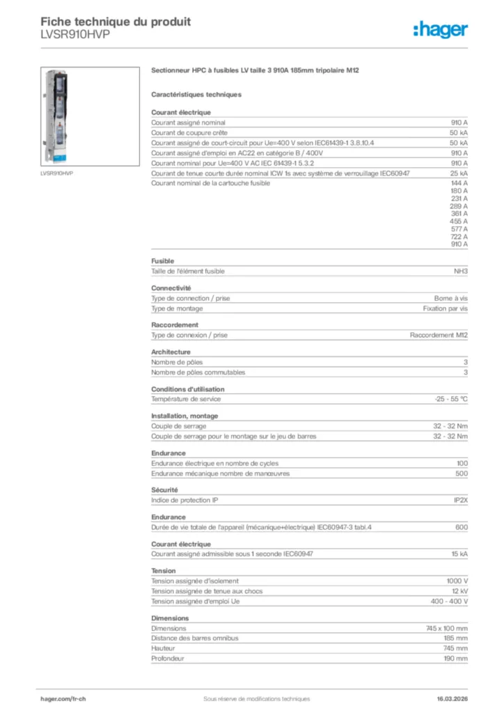 Image Hager Fiche technique du produit LVSR910HVP | Hager Suisse