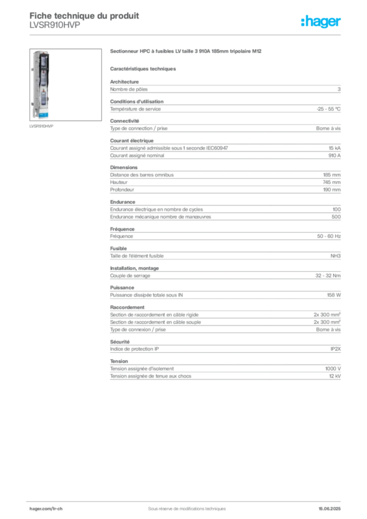Image Hager Fiche technique du produit LVSR910HVP | Hager Suisse