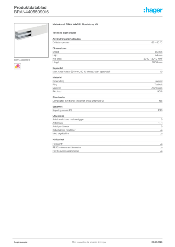 Bild Hager Produktdatablad BRAN4405509016 | Hager Sverige