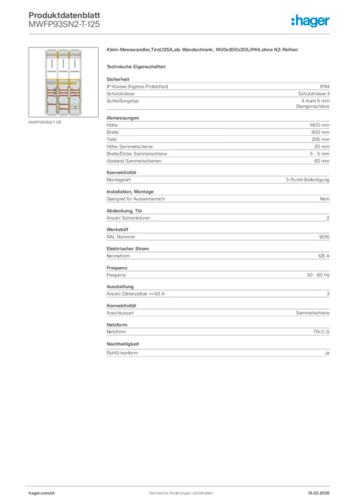 Bild Hager Produktdatenblatt MWFP93SN2-T-125 | Hager Deutschland