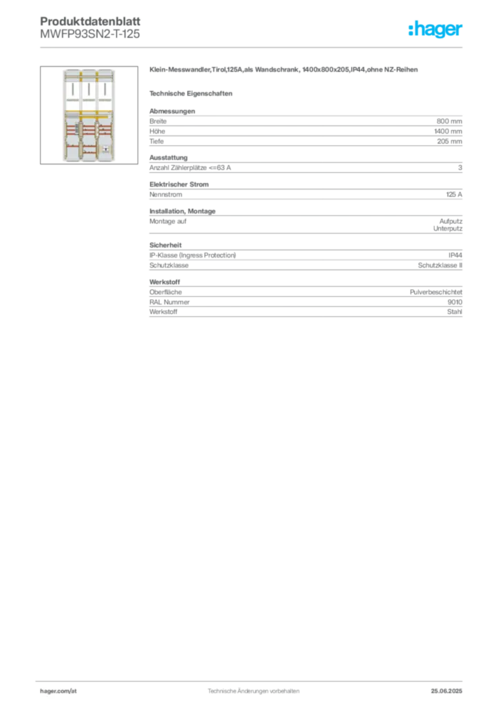 Bild Hager Produktdatenblatt MWFP93SN2-T-125 | Hager Deutschland