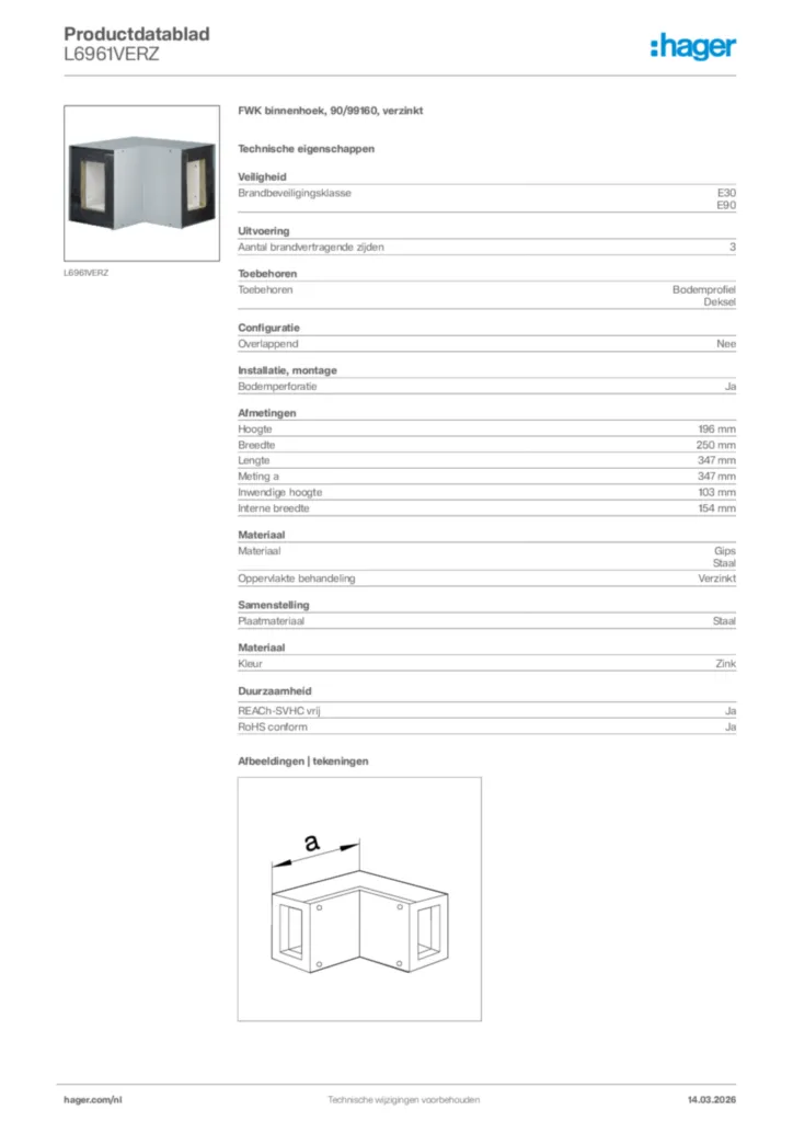 Afbeelding Hager Productdatablad L6961VERZ | Hager Nederland
