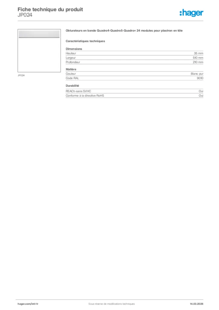 Image Hager Fiche technique du produit JP024 | Hager Afrique