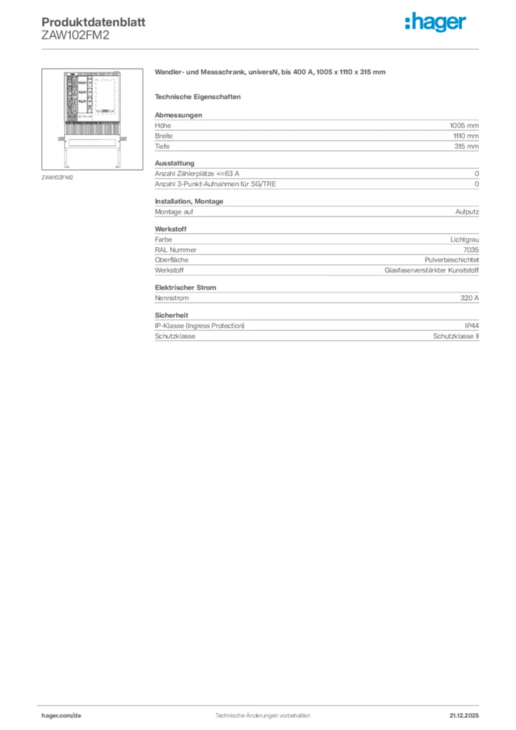 Bild Hager Produktdatenblatt ZAW102FM2 | Hager Deutschland