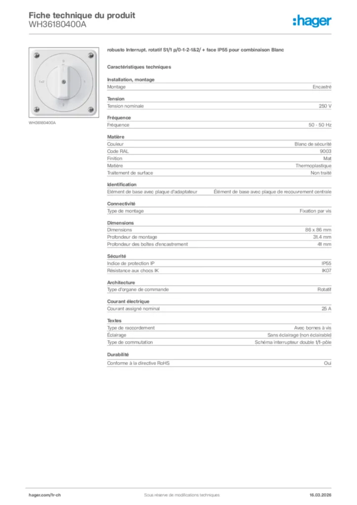 Image Hager Fiche technique du produit WH36180400A | Hager Suisse