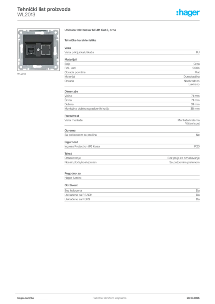 Slika Hager Product data sheet WL2013  | Hager
