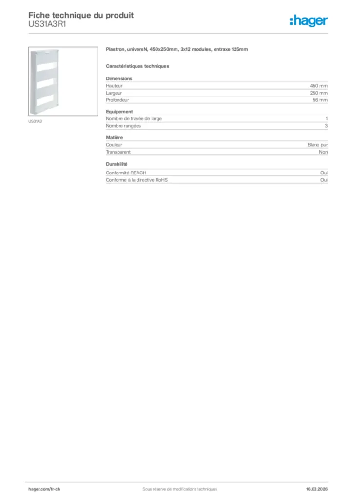 Image Hager Fiche technique du produit US31A3R1 | Hager Suisse
