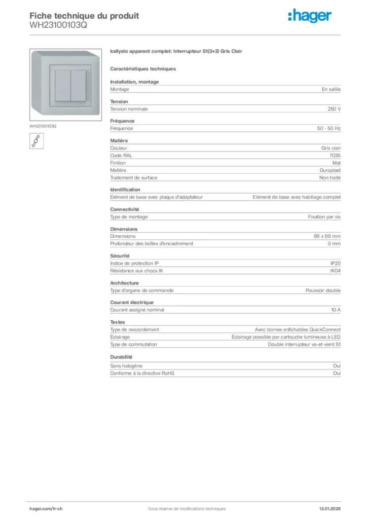 Image Hager Fiche technique du produit WH23100103Q | Hager Suisse