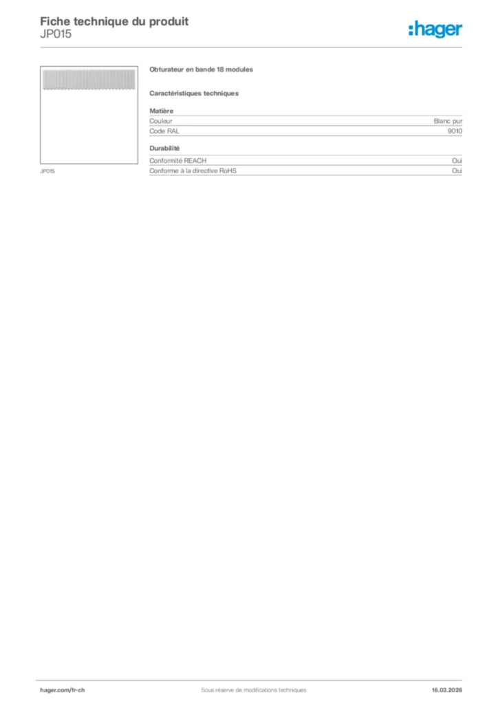 Image Hager Fiche technique du produit JP015 | Hager Suisse