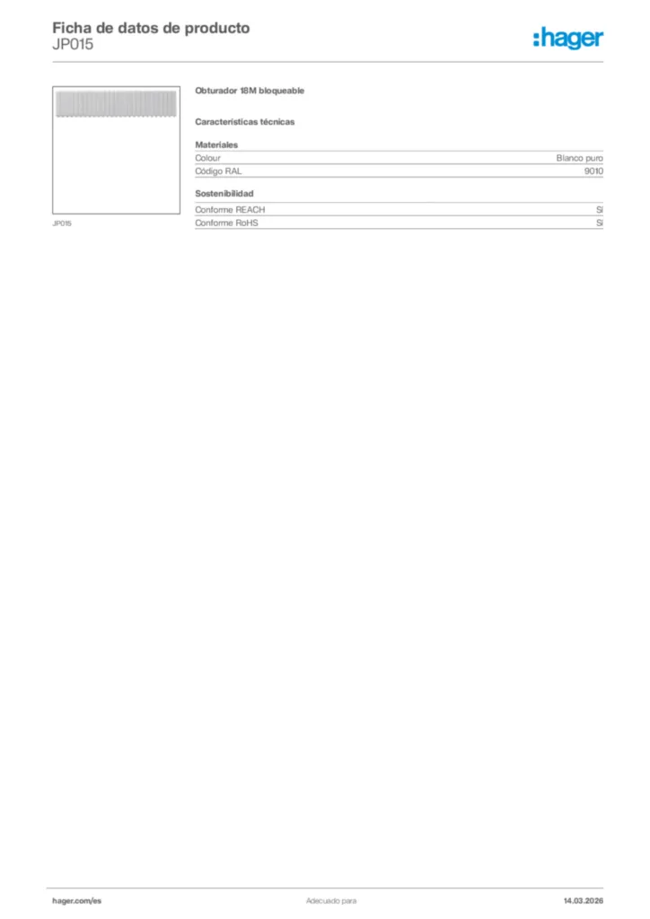 Imagen Hager Ficha de datos de producto JP015 | Hager España