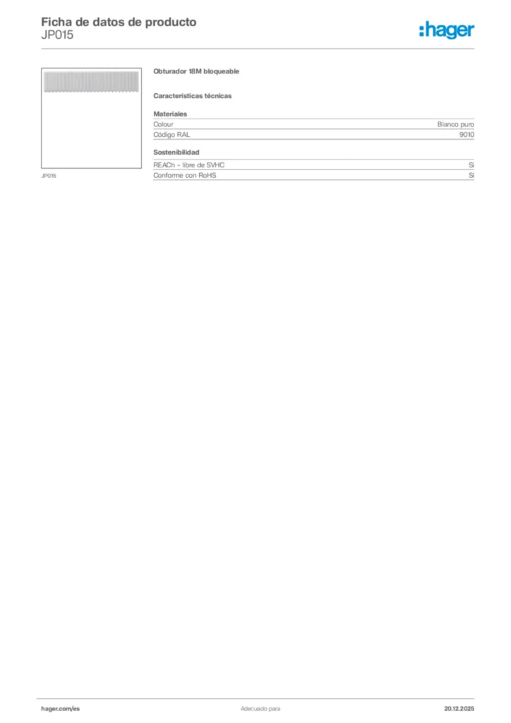 Imagen Hager Ficha de datos de producto JP015 | Hager España