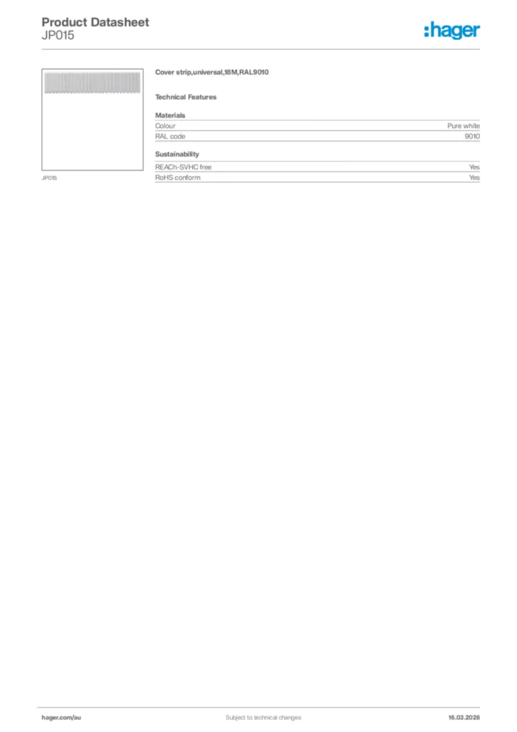 Image Hager Product data sheet JP015  | Hager Australia