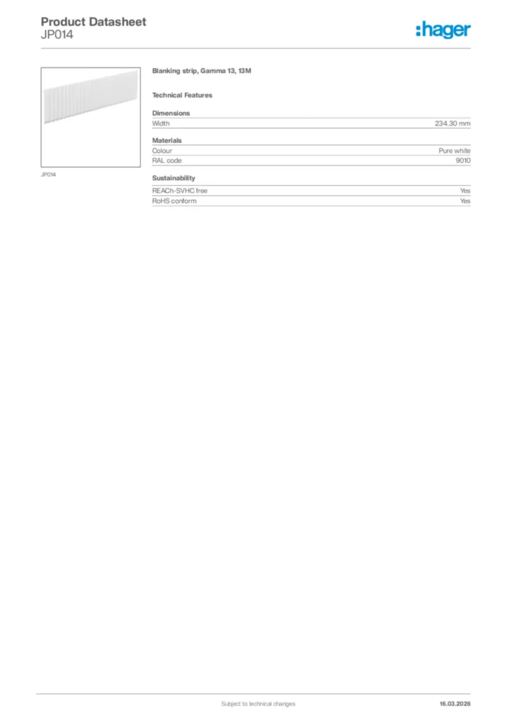 Image Hager Product data sheet JP014  | Hager Africa
