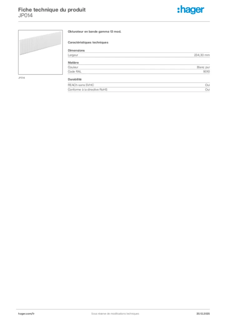 Image Hager Fiche technique du produit JP014 | Hager France